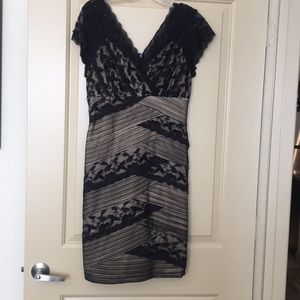 Marina petite nude over lace cocktail dress